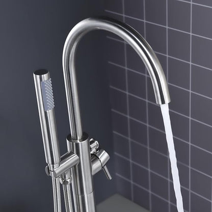 Freestanding Tub Filler Bathtub Faucet Brushed Nickel Floor Mount Single Handle Brass Faucets with Hand Shower