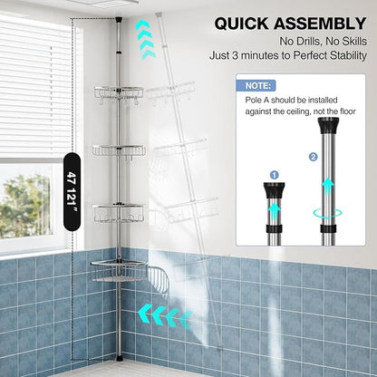Corner Shower Caddy Tension Pole: Stainless Steel Rustproof 4-Tier Shower Organizer - 47-121 inch Adjustable Bathroom Shelves for Bathtub Shampoo Storage - Tension Rod Floor Standing Bath Rack -Silver