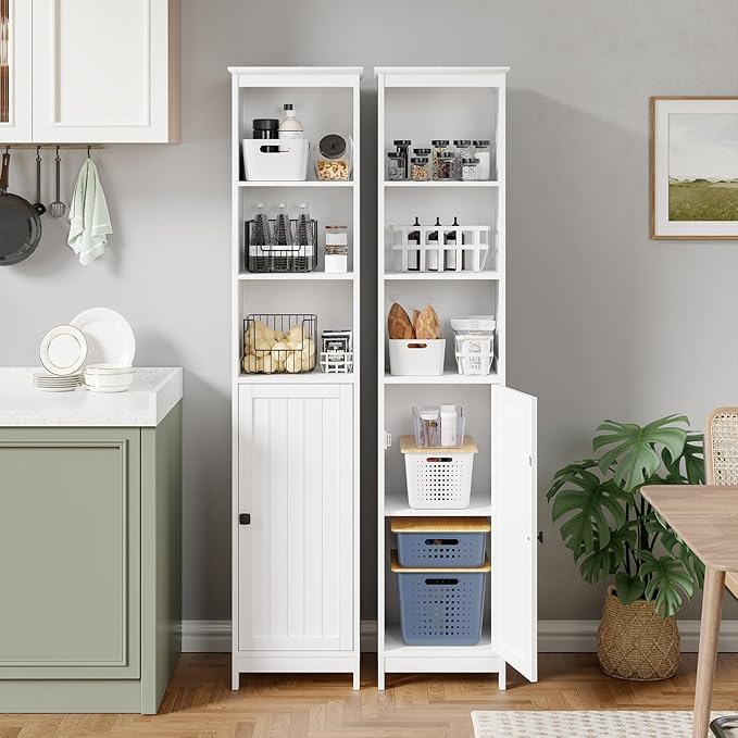 RRX Tall Bathroom Storage Cabinet,Slim Cabinet with Door &Shelf,13.8" L*12.6" W*63.4" H,Freestanding Narrow Cabinet with Anti-Tip,Storage for Kitchen,Entryway (Pure White)