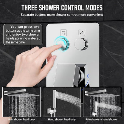 Iriber Chrome Shower System Wall Mount with 12 Inch Rain Shower Head and Handheld Bathroom Shower Set Contain Shower Faucet Mixer Valve Trim Kit (Valve Included)
