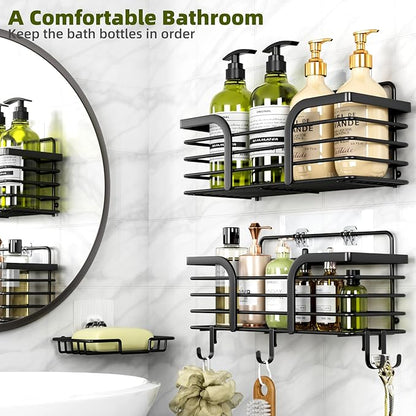Shower Caddy, Adhesive Shower Organizer with Soap Dish and 4 Hooks, Rustproof Stainless Steel Shower Shelves, Wall Mounted No Drilling Storage Shelf Basket Accessories for Bathroom & Kitchen