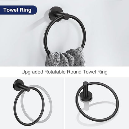 Lairuier 5 Pieces Matte Black Bathroom Accessories Set, 23.6 Inch Bath Towel Bar Set, SUS304 Stainless Steel Bathroom Hardware Set Round Toilet Paper Holder Set Wall Mounted