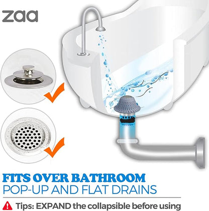 zaa Bathtub Drain Hair Catcher, Premium Silicone Collapsible One Pack Drain Protector for Pop-Up and Regular Drains of Shower, Bathtub, Tub, Bathroom, Sink, Light Blue
