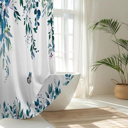 No Hook Shower Curtain and Liner Set, Dark Blue Eucalyptus Floral Shower Curtains for Bathroom, Bath Curtain Sets with Snap in Liner, Waterproof with See Through Top Window, 71x74 Inches