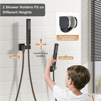 Shower Faucet Set, Ceiling Mount Shower System 12"+6" Dual Shower Head Set with 2 in 1 Handheld Spray Rain Shower Heads with Rough-in Valve and Shower Trim Kit, Oil Rubbed Bronze