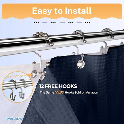 River Dream 3 in 1 Shower Curtain Set, Waffle Fabric Shower Curtain and Waterproof Clear Liner Set with Double Sided Metal Hooks, Navy Blue, 72" W*84" H