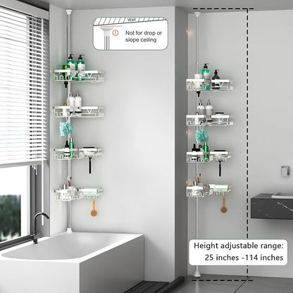 Corner Shower Caddy Tension Pole - Chrome Tension Rod Shower Caddy Adjustable Shampoo Holder for Bathroom/Bathtub/RV, Stainless Steel, Floor to Ceiling 25-114.2 inch
