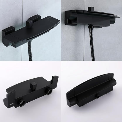 Wall Mount Tub Filler Matte Black Waterfall Tub Faucet with Sprayer, Brass Bathtub Wall Faucets with Hand Shower, High Flow Tub Spout, Bath Tub Faucet Set 2 Handles - JIAENLEMA