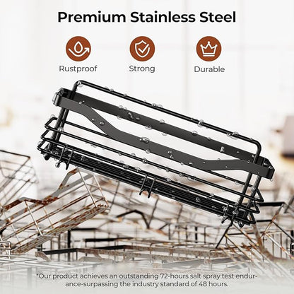 Orimade Adhesive Shower Caddy Shelf with 5 Hooks Organizer Storage Rack Rustproof Wall Mounted Stainless Steel No Drilling for Bathroom, Toilet, Kitchen - 2 Pack,Black