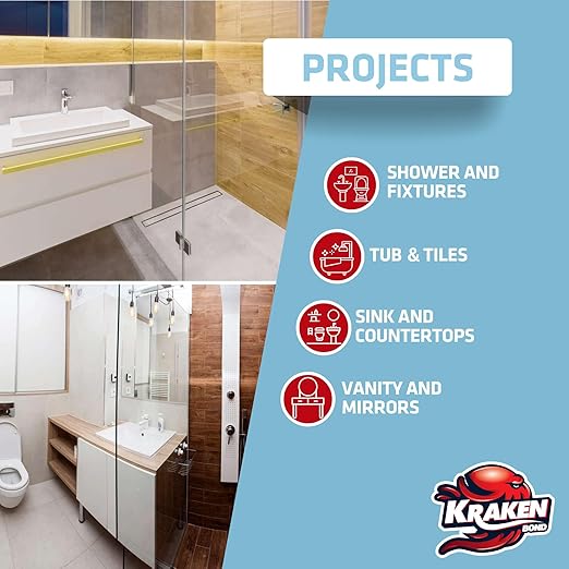 Kraken Bond Premium Kitchen and Bathroom Silicone Caulk Clear - (48x10.1 fl.oz) RTV Clear Silicone Sealant Waterproof for Kitchen, Bathroom, Shower, Sink, Anti Shrink 100% Silicone Caulking | 48 Pack