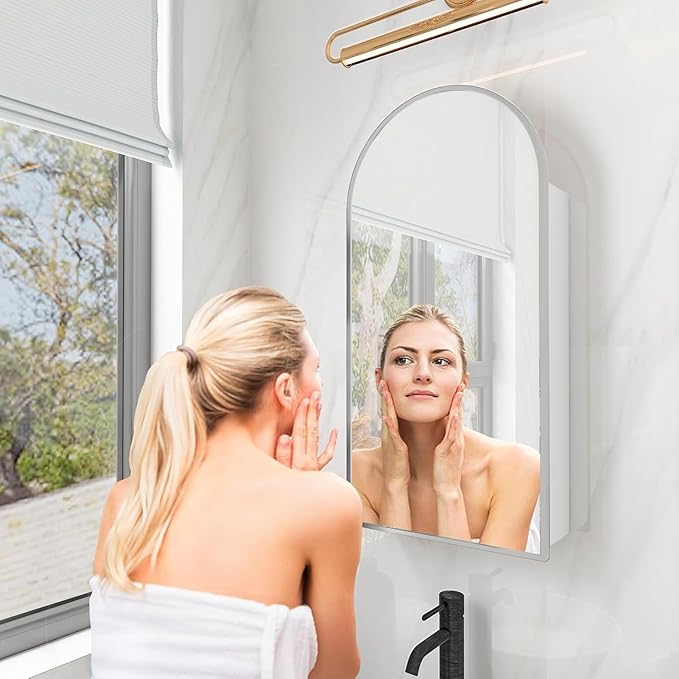 FKWin Silver Bathroom Medicine Cabinet for Left or Right Opening, Surface Mount Medicine Cabinet not Recessed, Modern Vanity Bathroom Mirror with Storage, Silver, 24x36 inch