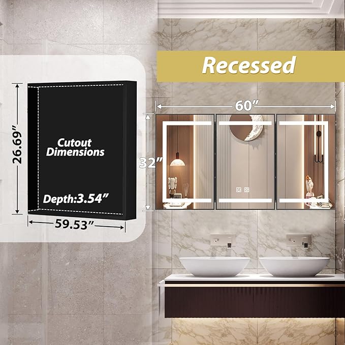 APRILSOUL 60X32 Inch Black Bathroom Medicine Cabinet with Mirror, Recessed or Surface Lighted Medicine Cabinet with 3 Colors Temperature, Dimmable Light