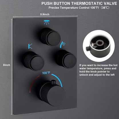 Modern Push Button 3 Way Thermostatic Shower Valve, Concealed Multi Function Brass Faucet Rough-In Mixer Shower Diverter Valve Kit Can Control Flow and On-Off Simultaneously, Matte Black