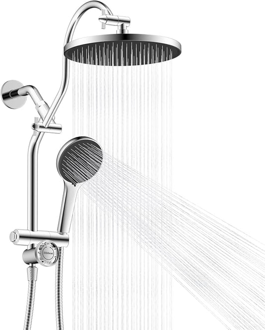 Hibbent Upgraded Self-cleaning Shower Head Combo, High Pressure 10'' Rain Showerhead with 3-mode Handheld Spray, Metal Extension Arm with Easy Reach All Metal 4-way Diverter, 71" Hose & Holder, Chrome