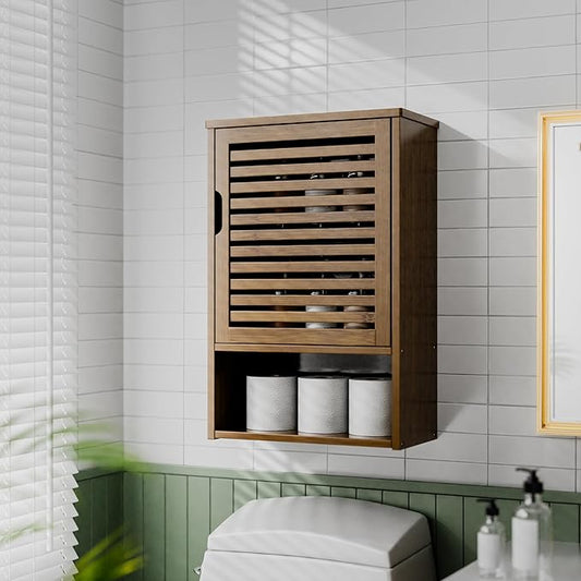 HITNET Medicine Cabinet, Wall Hanging Cabinet with Adjustable Shelf, Bathroom Storage Organizer Over The Toilet with Single Door and Open Bottom Shelf, Walnut