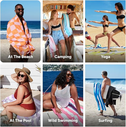 Dock & Bay Beach Towel - Quick Dry, Sand Free - Compact, Lightweight - 100% Recycled - Includes Bag - Groovy Check - Large (160x90cm, 63x35)
