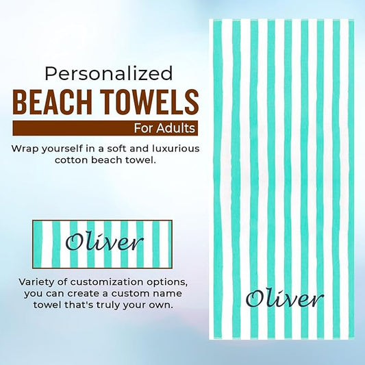 Personalized Passion Beach Towels for Adults - Custom Pool Towels with Name - Highly Absorbent Cotton - Striped Design for Women & Men - Large 70x30 Bath Sheet for Hotel, Swim & Camping - Green