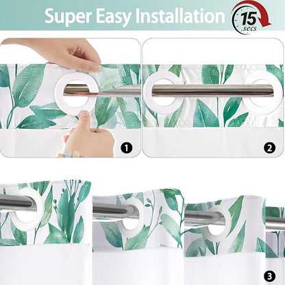 No Hook Shower Curtain and Liner Set, Teal Eucalyptus Floral Shower Curtains for Bathroom, Bath Curtain Sets with Snap in Liner, Waterproof with See Through Top Window, 71x77 Inches