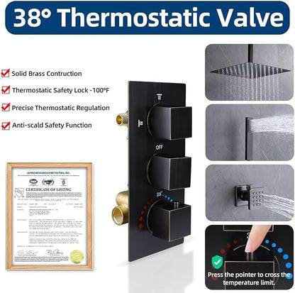 HOMEDEC Brass 3 Way Shower Diverter Valve, Thermostatic 3 Handle Control Shower Mixing Valve Trim Kit Replacement, Rough In, Oil Rubbed Bronze
