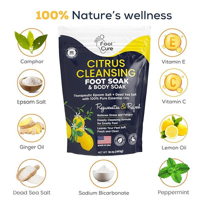 FOOT CURE Citrus Detox Foot Soak with Epsom Salts – for Foot Callus, Damaged Toenail Appearance, Pedicure Spa, and Soothing Sore, Tired Feet - 16 oz (Pack of 1)