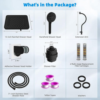 Hibbent Upgraded 5-spray 13'' Dual Filtered Rainfall Shower Head Combo, High Pressure 10-setting Handheld Shower Head with 12'' Adjustable Extension Arm, 20 Stage Shower Filter, 71'' Hose, Matte Black