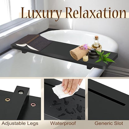 Stylish Black Bamboo Bathtub Tray Caddy with Adjustable Legs, Minimalistic Design Bath Tray for Tub, Bathtub Accessories, Fits Most Standard Bath Tubs, Idea for Women