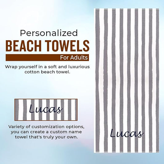 Personalized Passion Beach Towels for Adults - Custom Pool Towels with Name - Highly Absorbent Cotton - Striped Design for Women & Men - Large 70x30 Bath Sheet for Hotel, Swim & Camping - Grey