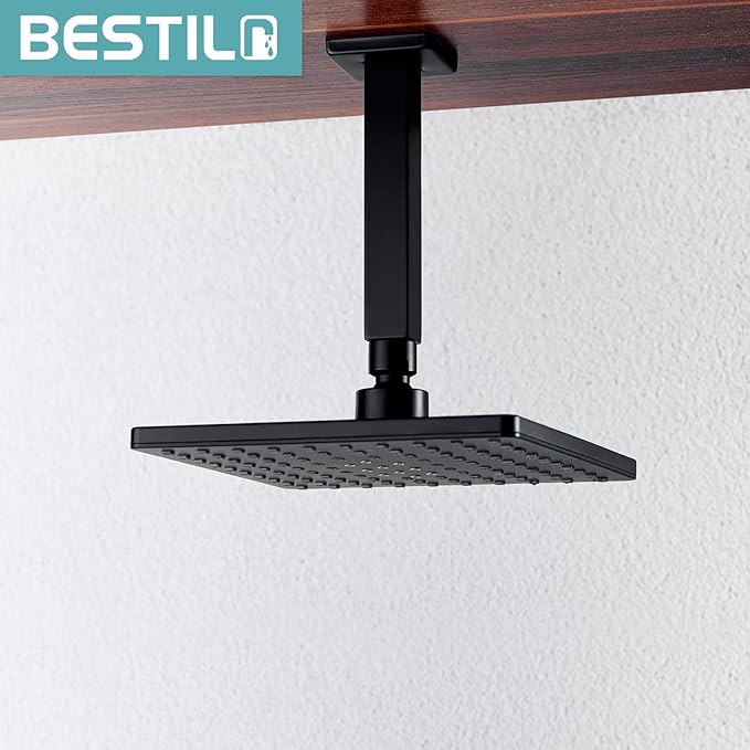 BESTILL 6 Inch Matte Black Ceiling Mount Shower Arm and Flange, Square Rain Shower Arm