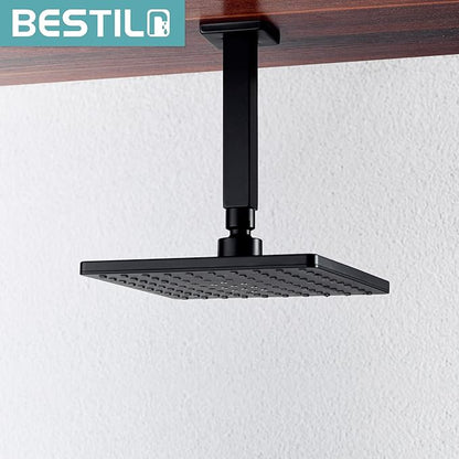BESTILL 6 Inch Matte Black Ceiling Mount Shower Arm and Flange, Square Rain Shower Arm