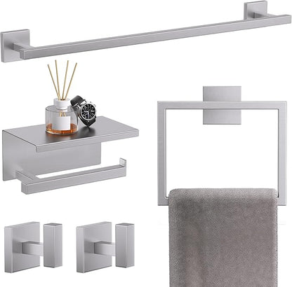 TQKAG 5-Pieces Brushed Nickel Bathroom Hardware Accessories Set 23.6" SUS304 Stainless Steel Towel Bar Set Wall Mounted Square Toilet Paper Holder with Shelf