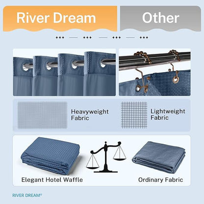 River Dream Blue Shower Curtain No Hooks Required Dotted Waffle Weave Shower Curtain with Snap in Liner - 71W x 74H,Hotel Grade,Spa Like Bath Curtain,Moonlight Blue