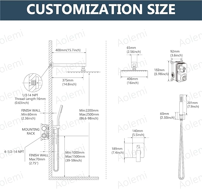 Aolemi Shower Faucet Set Rain Shower System with Handheld Spray Bathroom Shower Combo Rough-in Valve and Shower Trim Kit Included Brushed Nickel 16 Inch Wall Mount Shower Head