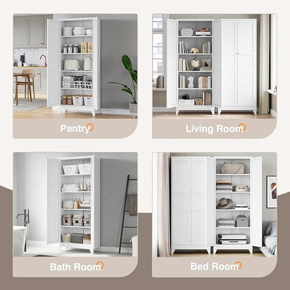 Yizosh Metal Pantry Cabinet, 75" Kitchen Pantry with 2 Door and 4 Adjustable Shelves,White Metal Pantry Storage Cabinet,Cupboard for Kitchen,Dining Room,Living Room and Bathroom