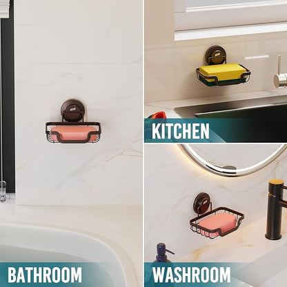 TAILI Soap Holder Bar Dish Suction Cup, Bar Shampoo Rack for Shower Wall, Draining Soap Saver Tray for Bathroom, Rustproof Stainless Steel Sponge Holder for Tub, Kitchen, Drill-Free, Brown