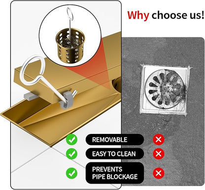 Linear Shower Drain, 304 Stainless Steel with Adjustable Leveling Feet, Hair Strainer,Reversely Install Place to Create an Invisible Floor Drain - Gold -24-Inch