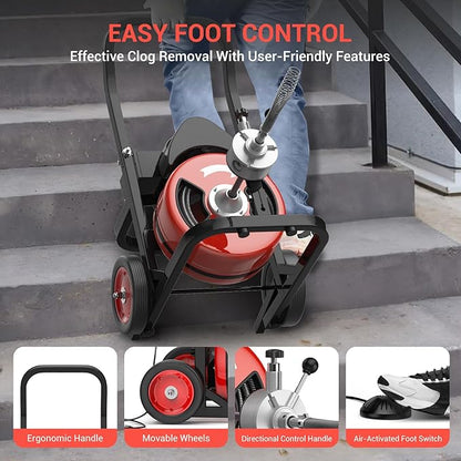 Electric Drain Cleaning Machine 100Ft 1/2 Inch, 450W Auto Feed Portable Sewer Snake, Drain Auger with 6 Cutter and Air-Activated Foot Switch for 2"–4" Pipes