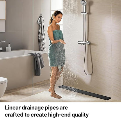 Linear Shower Drain, 304 Stainless Steel with Adjustable Leveling Feet, Hair Strainer,Reversely Install Place to Create an Invisible Floor Drain - Black -16-Inch