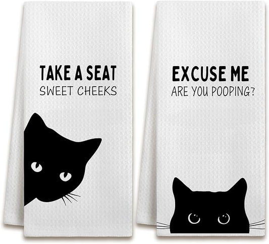 Funny Black Cat Bathroom Hand Towels, Cat Bathroom Decor, Sweet Cheeks Funny Kitten Kitty Decorative Hand Tea Towels for Washroom Restroom, 16x24 Inches Set of 2