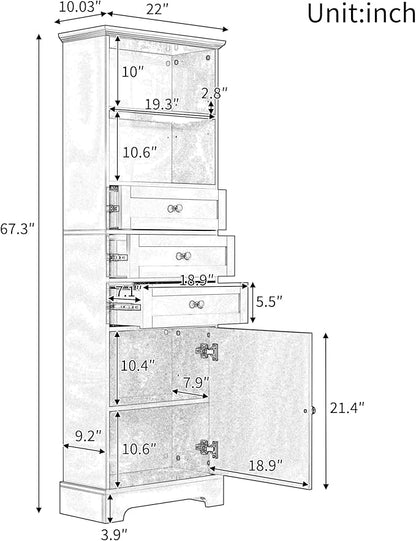 Harper & Bright Designs Storage Cabinet, 67.3 Inch Freestanding Tall Floor Bathroom Storage Cabinet with 3 Drawers, One Drawer, and Adjustable Shelves for Bathroom, Office, and Living Room (White)