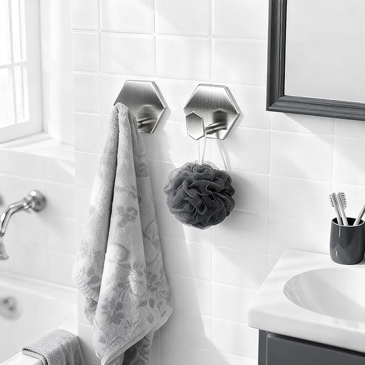 Adhesive Towel Hooks Heavy Duty Wall hooks Waterproof Stainless Steel Shower Rack for Coat, Key, Hat, Robe, Clothes, Picture Hanging Towel Hooks for Bathrooms Kitchen Door (4-Pack, Brushed Silver)
