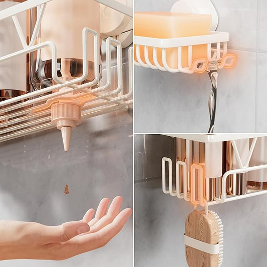 KEGII Suction Cup Shower Caddy, 2 Pack Shower Suction Shelf with Soap Holder & Hooks, No Drilling Bathroom Organizer, Stainless Steel Shampoo Holder for Bathroom Storage Basket, Cream White