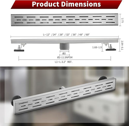 Sharp-tec Linear Shower Drain, 48 inch Shower Drain with Removable Pattern Cover, Brushed Nickel 304 Stainless Steel Rectangle Floor Drain, Adjustable Feet and Hair Strainer Included (Model 101)