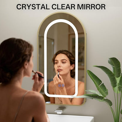 LED Arched Bathroom Medicine Cabinet with Mirror, No Assembly Needed, Recessed or Surface Mount Wall Storage Cabinet, Mirror Cabinet with Tissue Slot (Gold-LED, 29.5" L x 15.7" W)