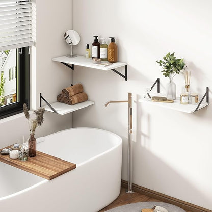 Fun Memories 27.5" W x12 D Floating Shelves, White Wall Shelf with Brackets, 12 Inch Deep Floating Shelf Set of 2, Large Storage Kitchen Living Room Bathroom Shelves, Wood Wall Mounted Shelf