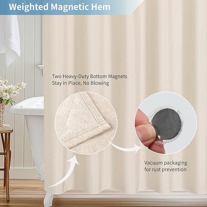 2-in-1 Waterproof Fabric Shower Curtain or Liner,Linen Textured,Breathable TPU & Washable Bathroom Shower Curtain Set with 12 Plastic Hooks,Modern,72"x72" Cream