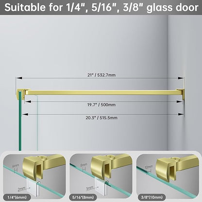 Frameless Shower Door Support Bar, Stainless Steel Wall-to-Glass Support Arm to Fixed Shower Glass Panel, for 1/4"-3/8" (6-10 mm) Door, 180° Pivot & Stow-Flat Mode (Brushed Gold, 19.7-inch(500mm))