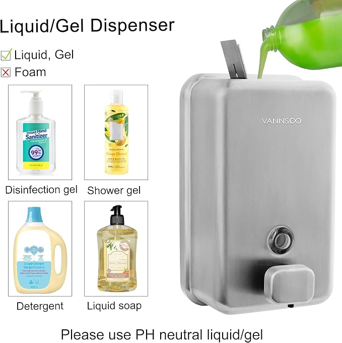 Wall Mounted Soap Dispenser Bathroom, 1100ml 37oz Commercial Stainless Steel Liquid Soap Dispenser Wall Mount (Vertical Brushed)