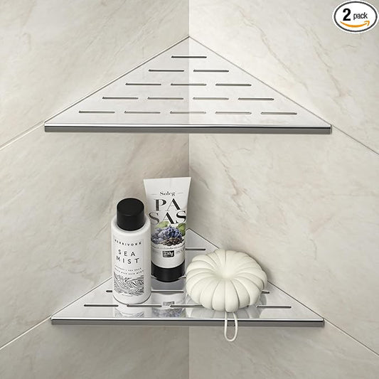 Corner Shower Shelf 10" Polished 304 Stainless Steel Recessed Corner Shelves with Slot Design Bathroom Grout in Shelf for Tiled Wall, 2 Pack