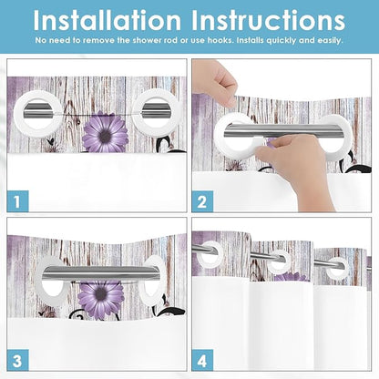 No Hook Purple Flower Shower Curtain with Snap in Fabric Liner Set, Rustic Farmhouse Daisy Double Layers Waterproof Fabric with See Through Top Window Open Grommet Bath Curtain 54x80 Inch