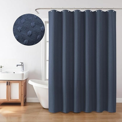 Inhousolu Fabric Shower Curtain Waffle Weave, Navy Blue 230 GSM Heavy Duty, Weighted Hem, 14 Metal Hooks, Water Repellent, Machine Washable, Hotel Spa Luxury Bath Curtain Set, 72 x 84 Inch